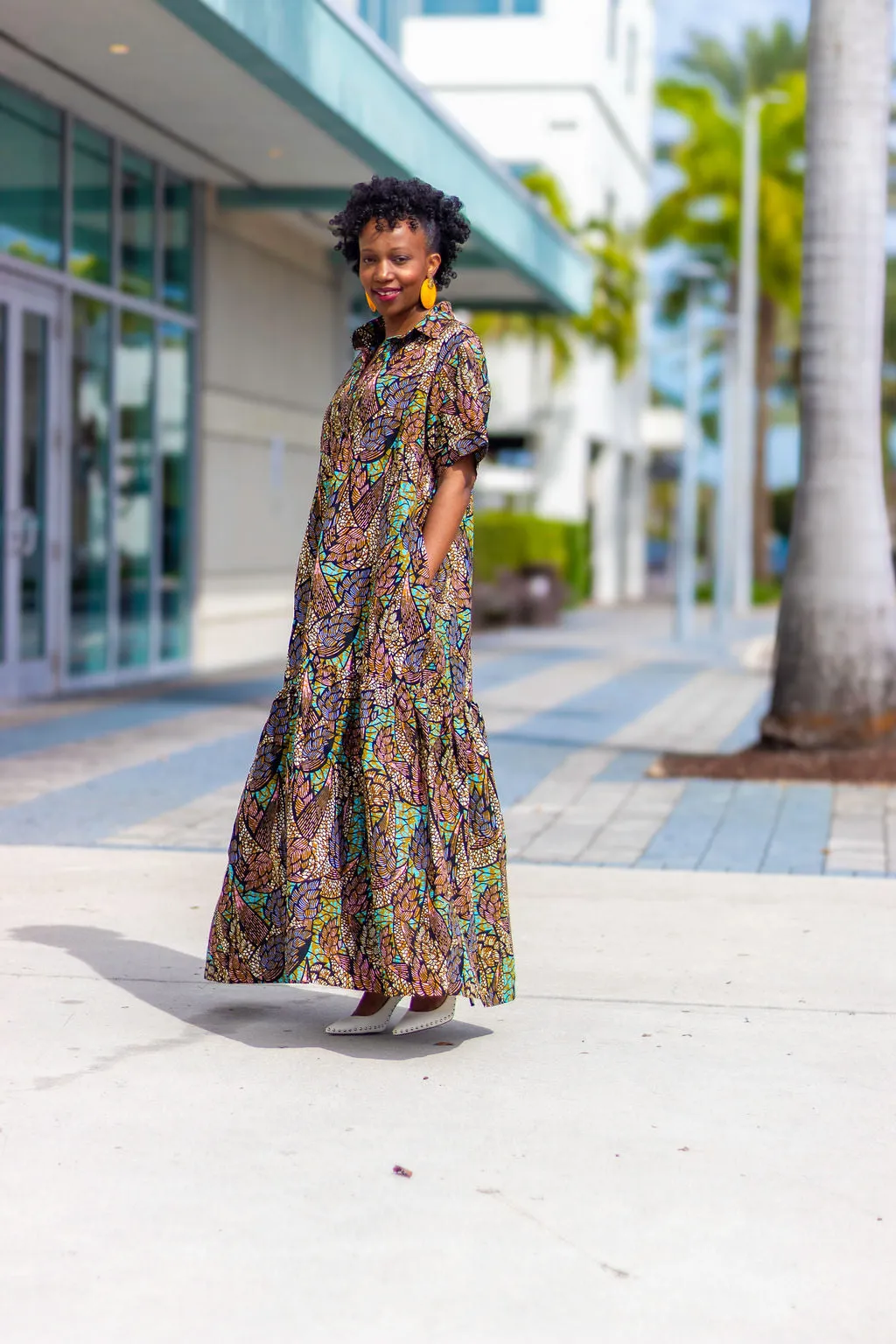 African Print /Ankara/Kitenge Maxi Dress -Purple /Pink/Teal/Black Floral Print Short Sleeved Button Down Long Shirt Dress