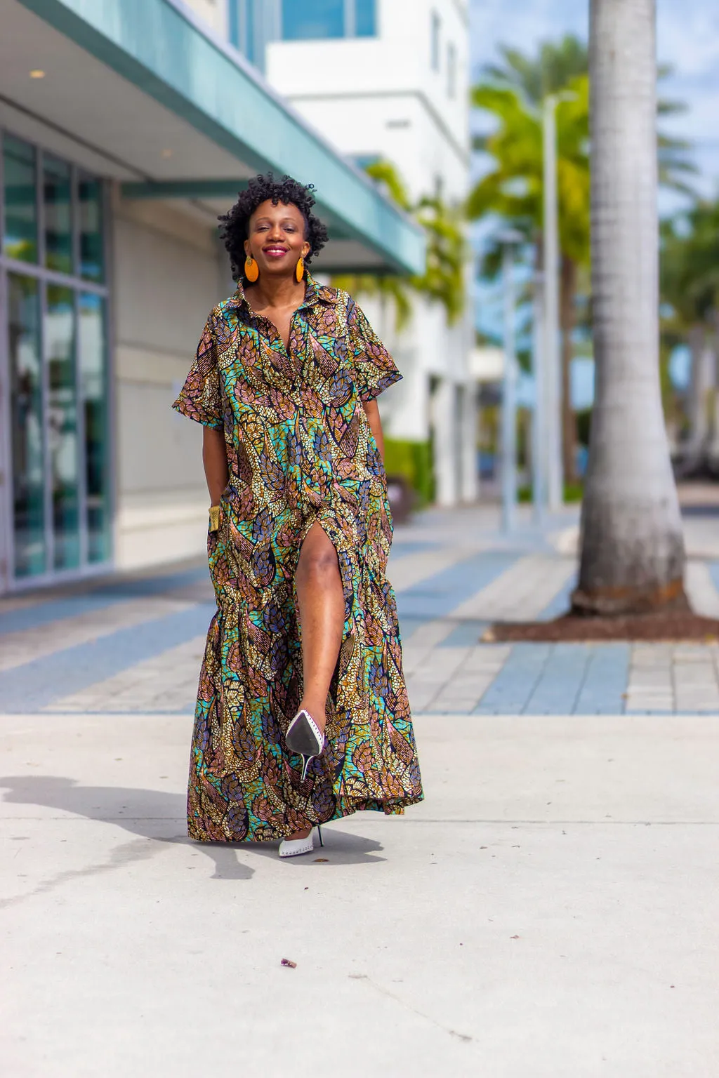 African Print /Ankara/Kitenge Maxi Dress -Purple /Pink/Teal/Black Floral Print Short Sleeved Button Down Long Shirt Dress