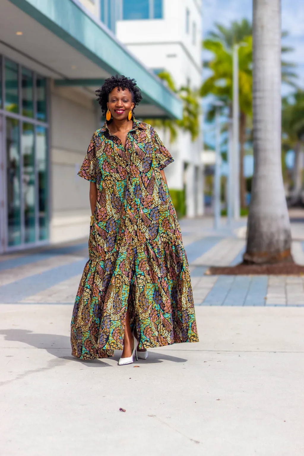 African Print /Ankara/Kitenge Maxi Dress -Purple /Pink/Teal/Black Floral Print Short Sleeved Button Down Long Shirt Dress