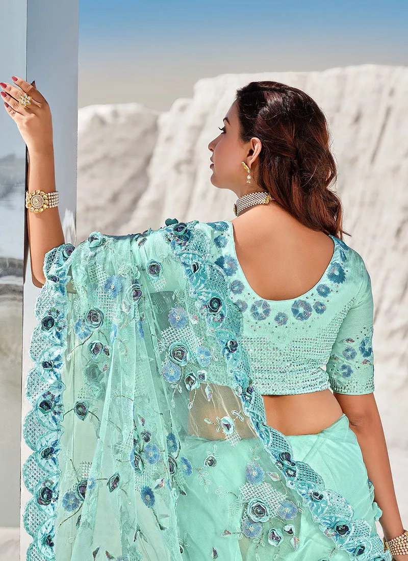 Aqua Blue Floral Embroidered Indian Wedding Saree