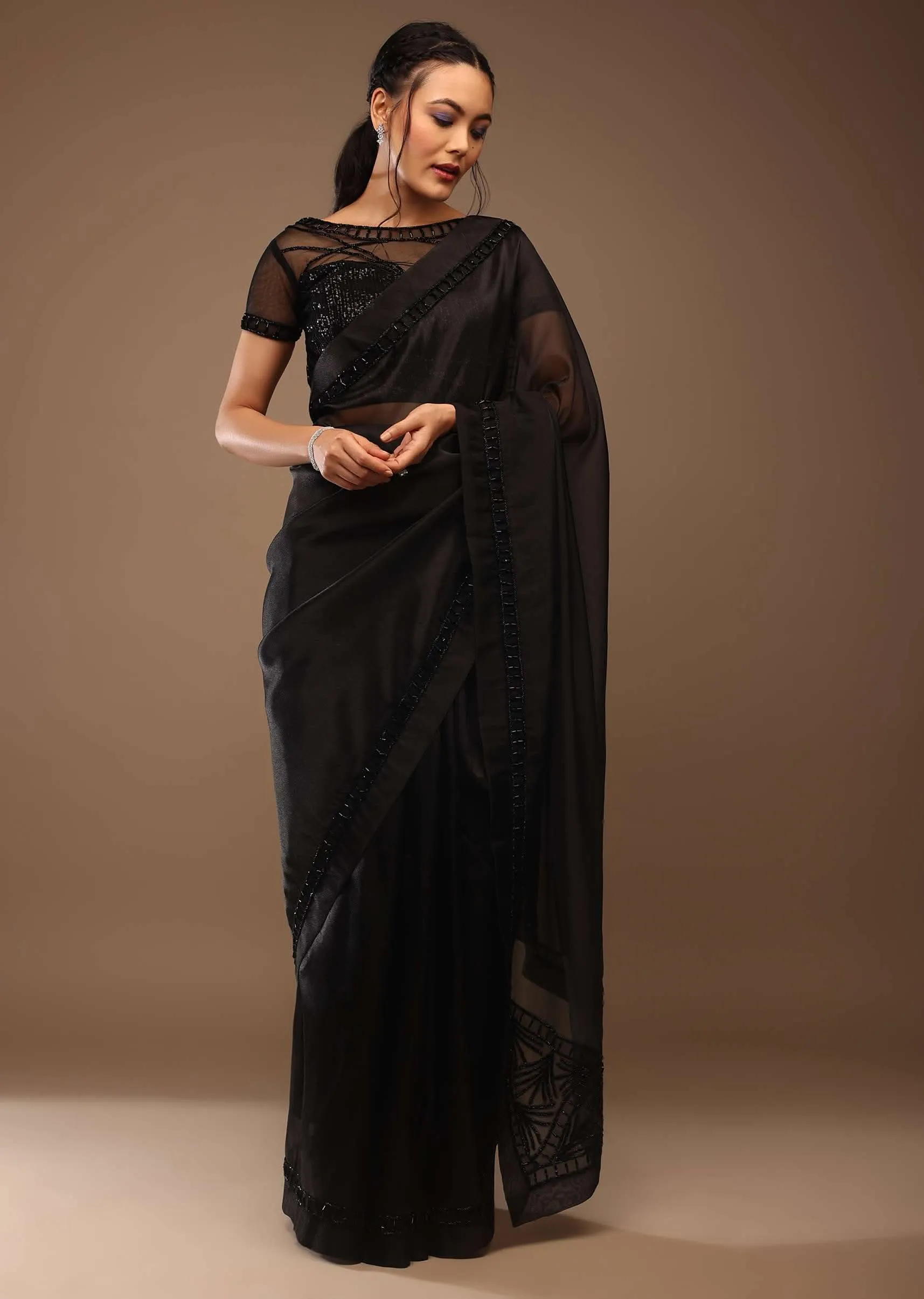 Black Organza Saree With Cut Dana Embroidery, Crafted In Tissue Organza