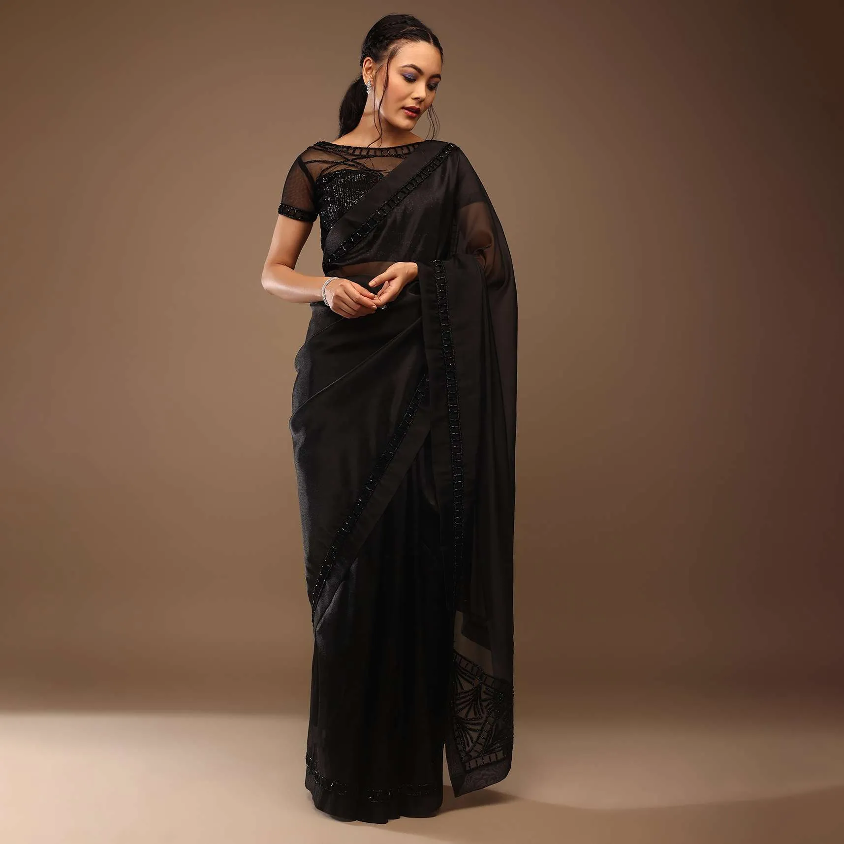 Black Organza Saree With Cut Dana Embroidery, Crafted In Tissue Organza