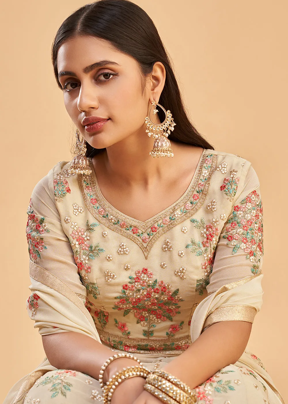 Dusty Yellow Multi Thread Embroidered Georgette Anarkali Gown