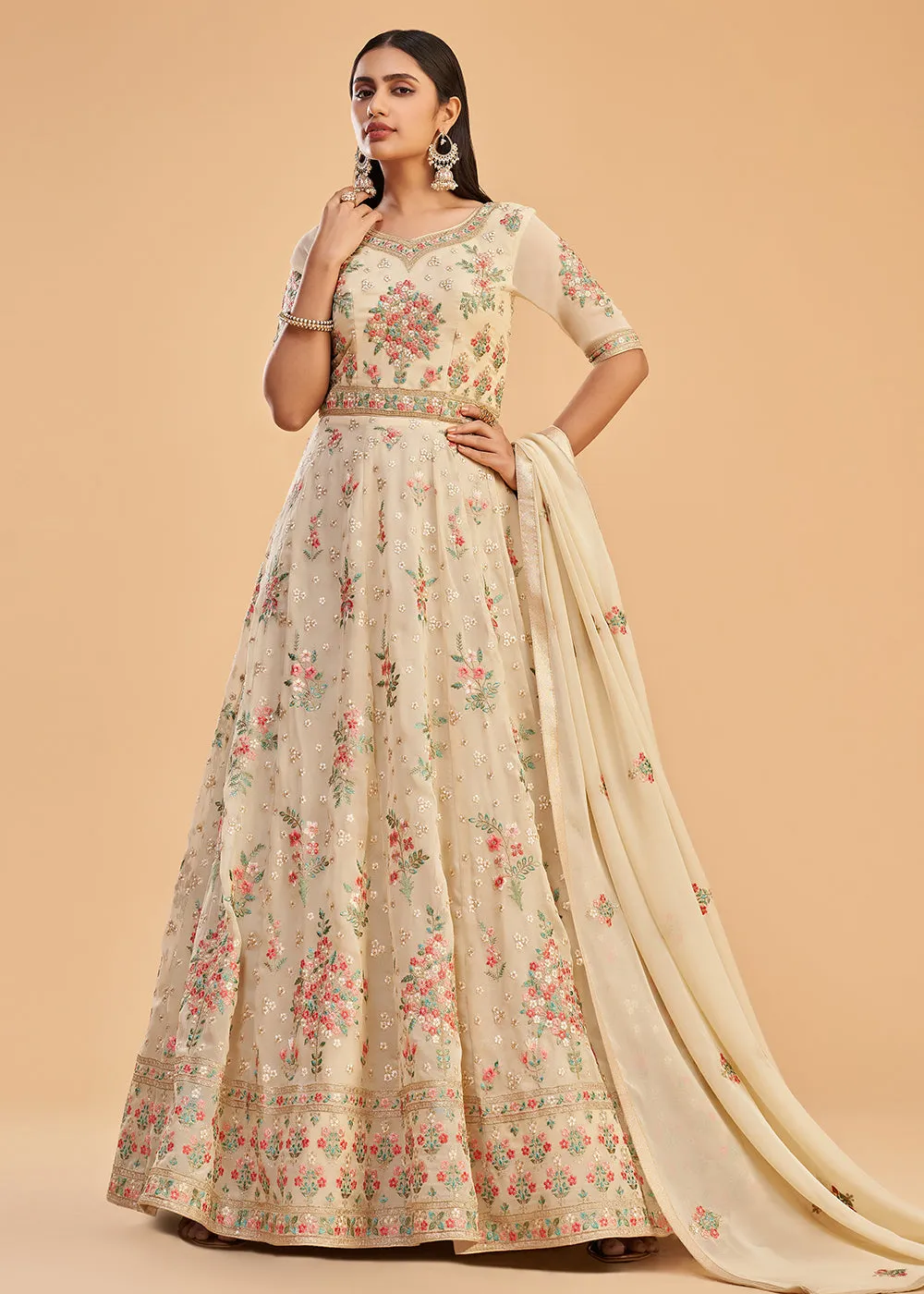 Dusty Yellow Multi Thread Embroidered Georgette Anarkali Gown