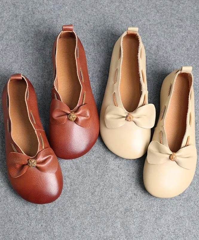 Elegant Chocolate Bow Cowhide Flat Shoes For Women