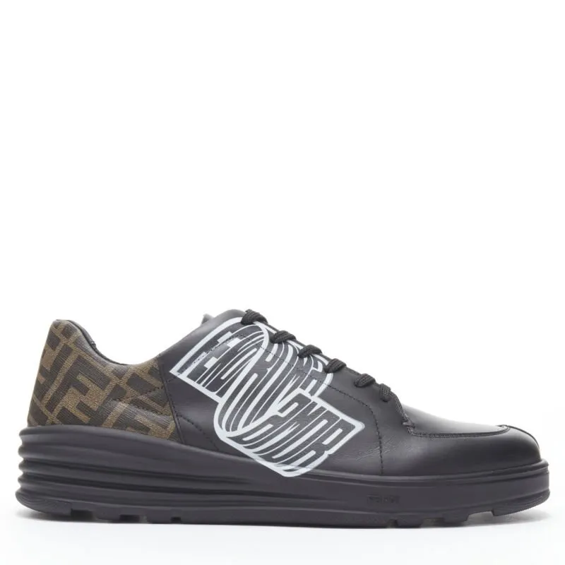 FENDI Amor Roma black leather print Zucca FF monogram heel sneakers UK8 EU42
