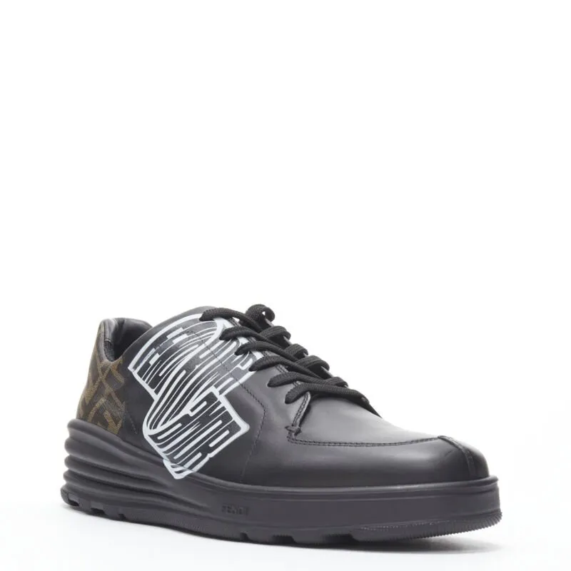 FENDI Amor Roma black leather print Zucca FF monogram heel sneakers UK8 EU42
