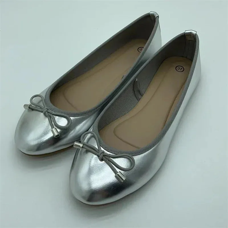 Gold Silver Elegant Bowknot Round Toe Flat shoes