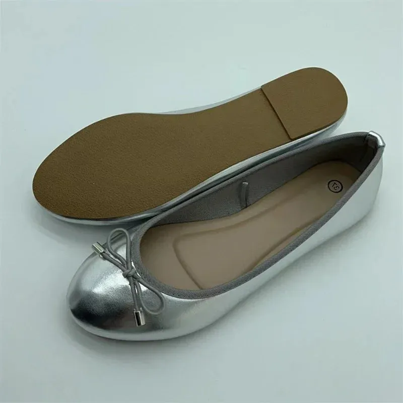 Gold Silver Elegant Bowknot Round Toe Flat shoes