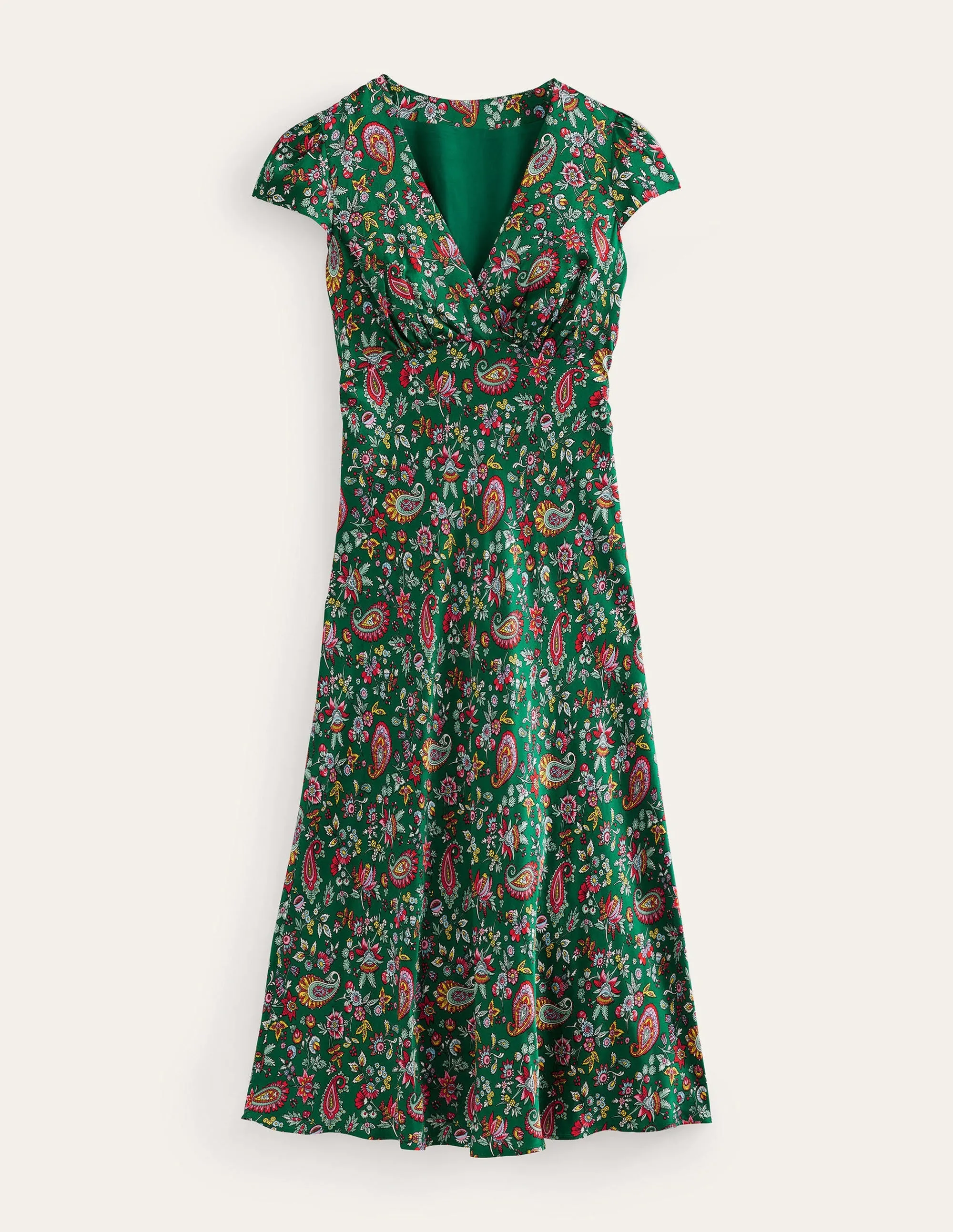 Satin Empire Midi Tea Dress-Green, Dandelion Paisley