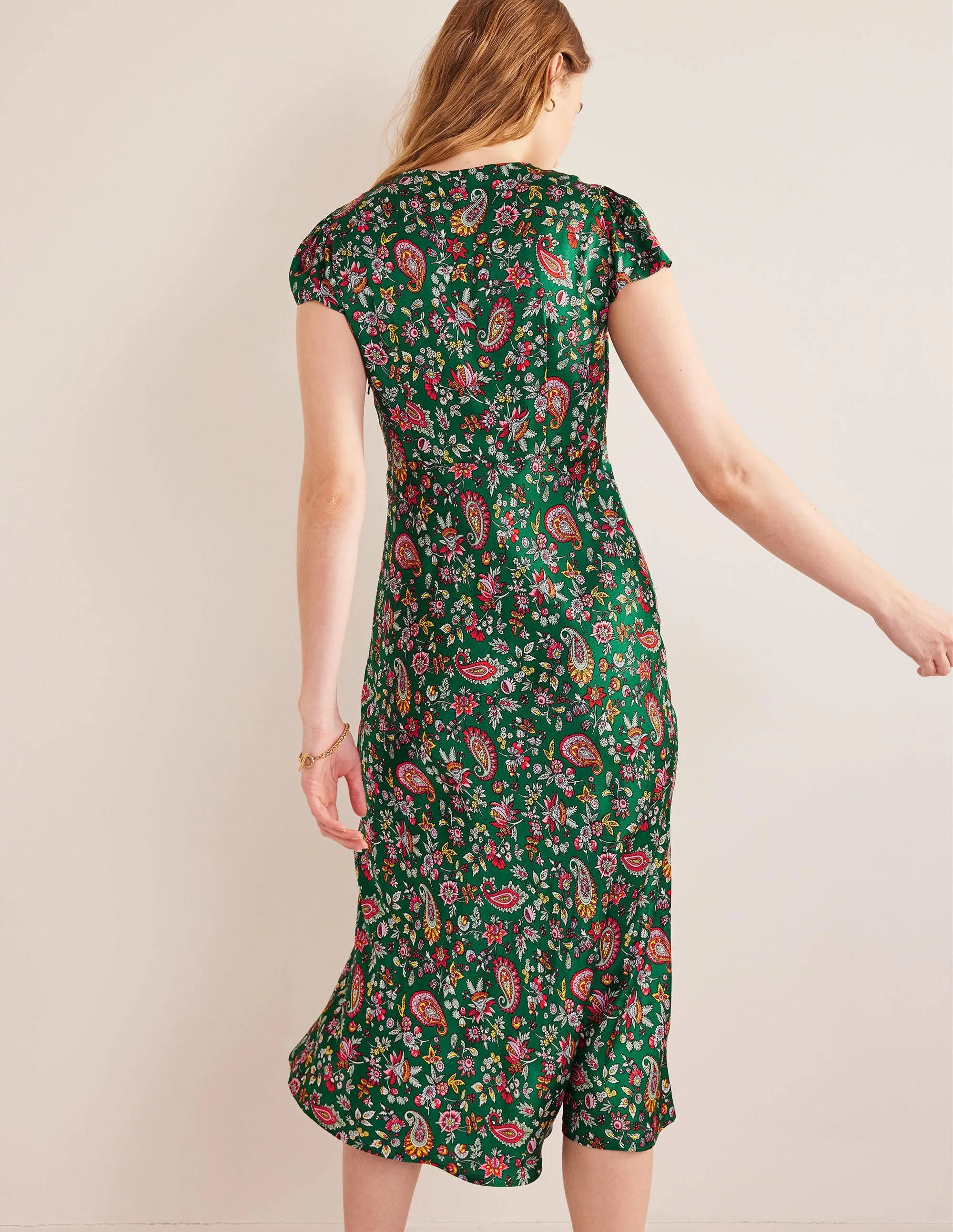 Satin Empire Midi Tea Dress-Green, Dandelion Paisley