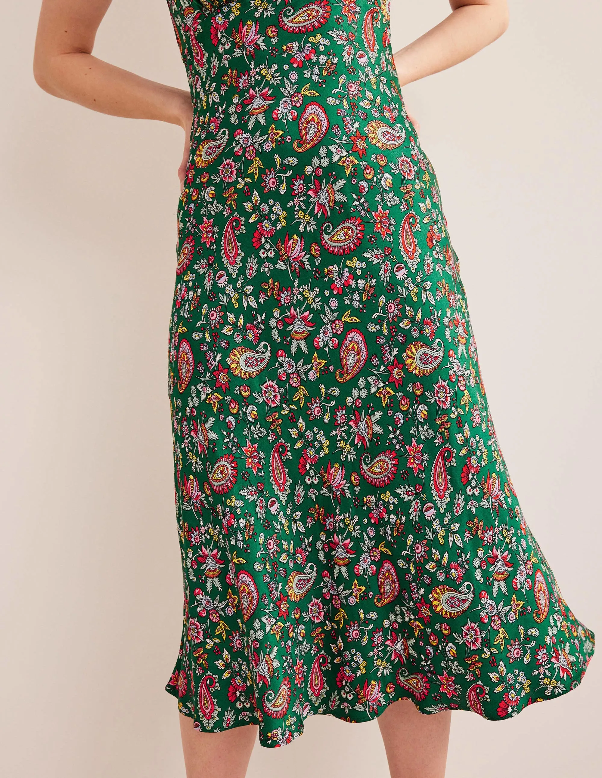 Satin Empire Midi Tea Dress-Green, Dandelion Paisley