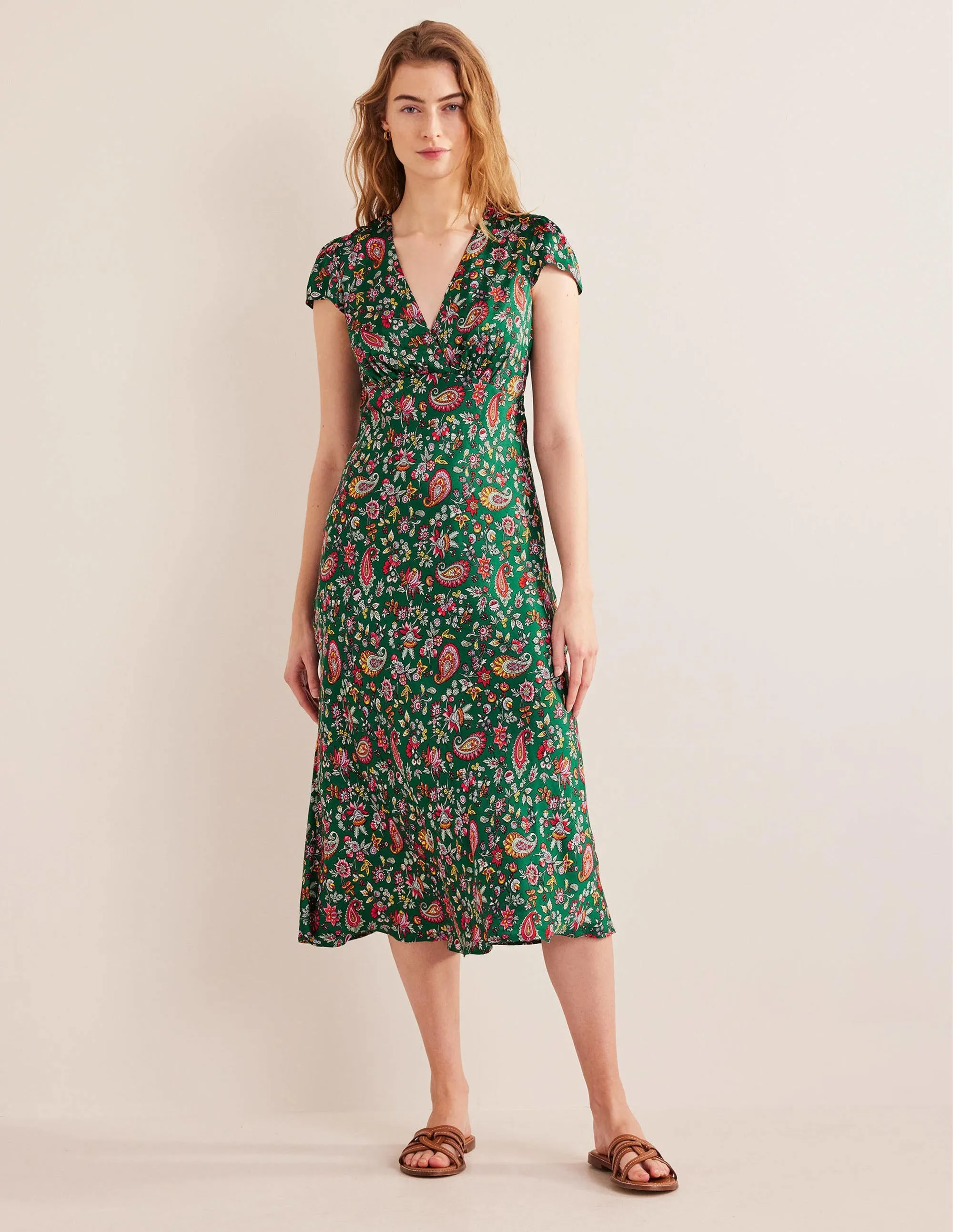 Satin Empire Midi Tea Dress-Green, Dandelion Paisley