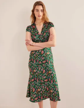 Satin Empire Midi Tea Dress-Green, Dandelion Paisley