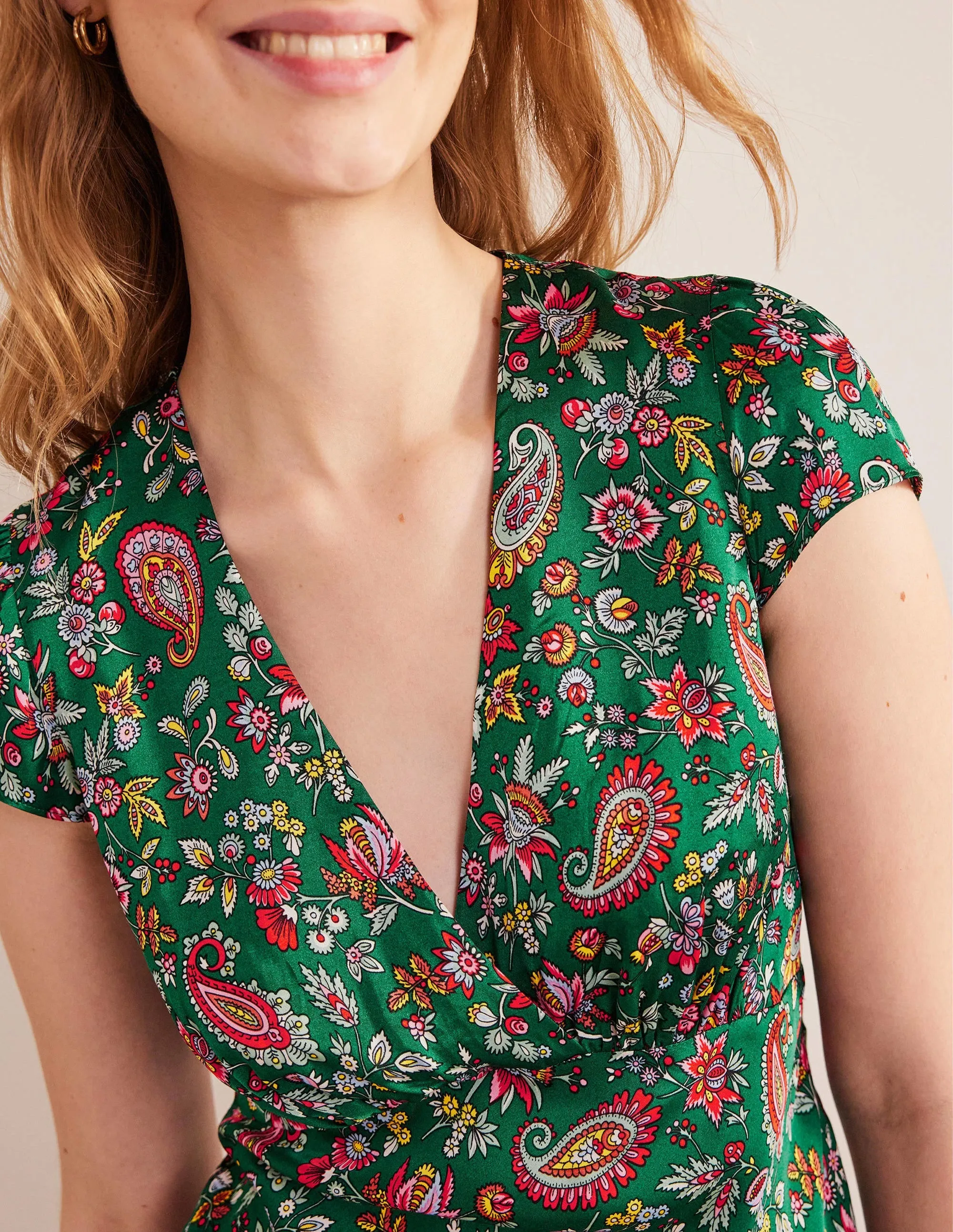 Satin Empire Midi Tea Dress-Green, Dandelion Paisley