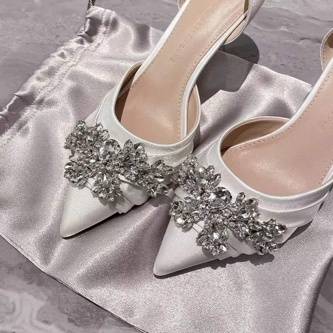 Shallow Pointed Toe Rhinestone Slip-On Stiletto Wedding Shoes - High Heel Solid Silk Pumps