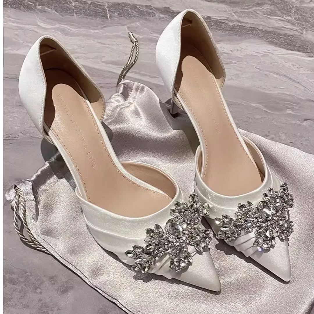 Shallow Pointed Toe Rhinestone Slip-On Stiletto Wedding Shoes - High Heel Solid Silk Pumps