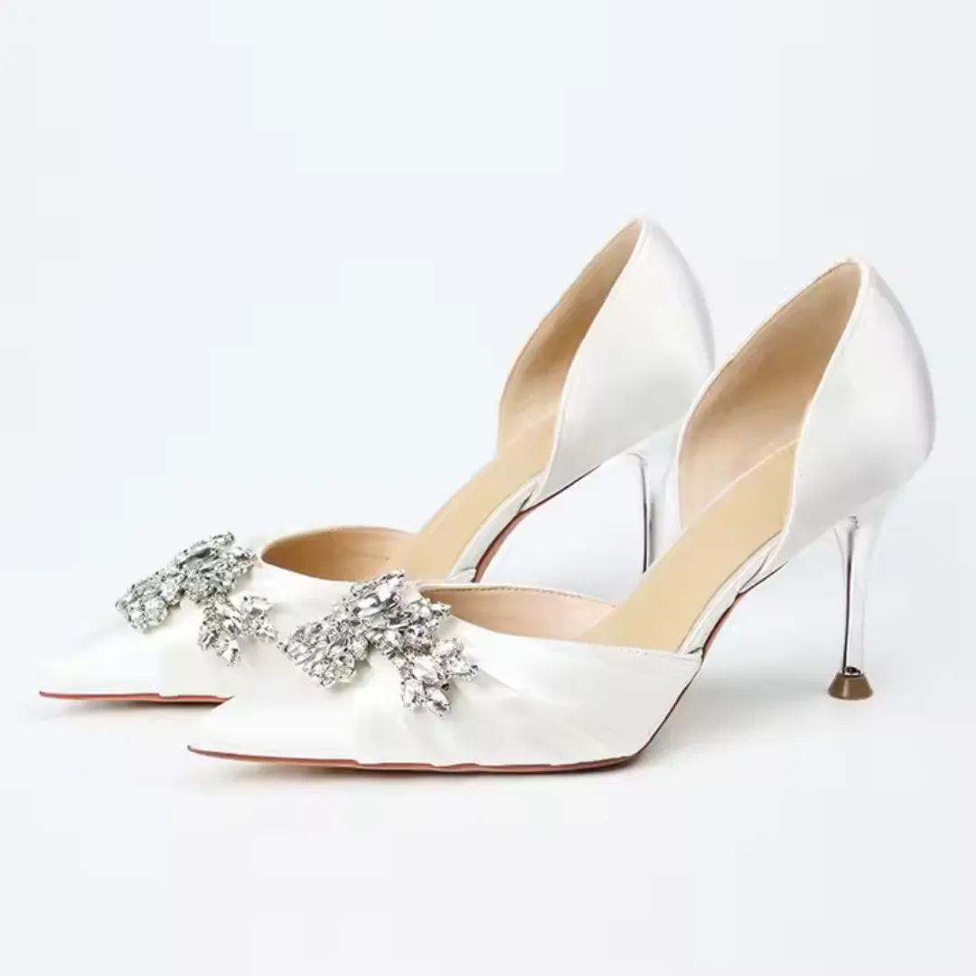 Shallow Pointed Toe Rhinestone Slip-On Stiletto Wedding Shoes - High Heel Solid Silk Pumps