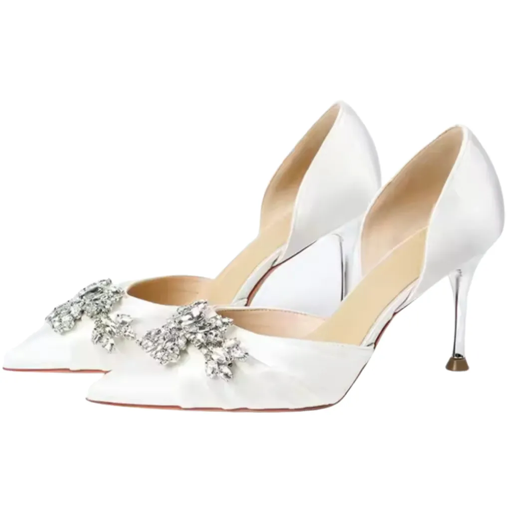 Shallow Pointed Toe Rhinestone Slip-On Stiletto Wedding Shoes - High Heel Solid Silk Pumps