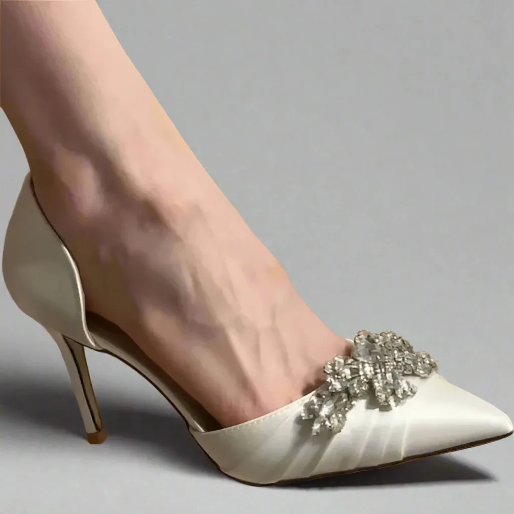 Shallow Pointed Toe Rhinestone Slip-On Stiletto Wedding Shoes - High Heel Solid Silk Pumps