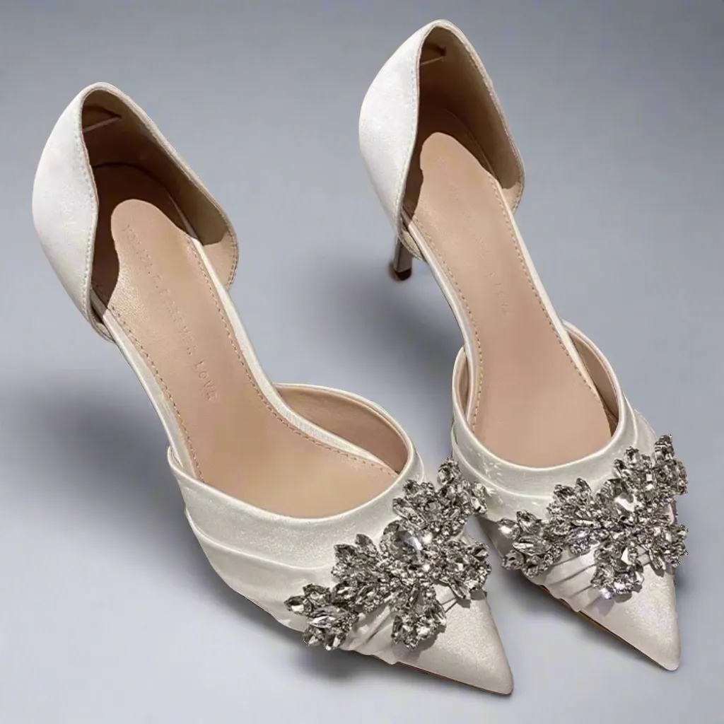 Shallow Pointed Toe Rhinestone Slip-On Stiletto Wedding Shoes - High Heel Solid Silk Pumps