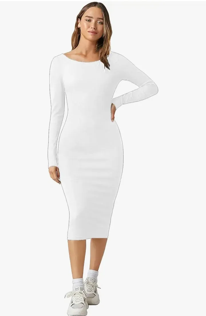 Solid Round Neck Solid Bodycon Midi Dress for Women's & Girl's