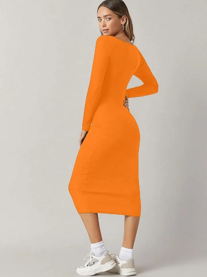 Solid Round Neck Solid Bodycon Midi Dress for Women's & Girl's