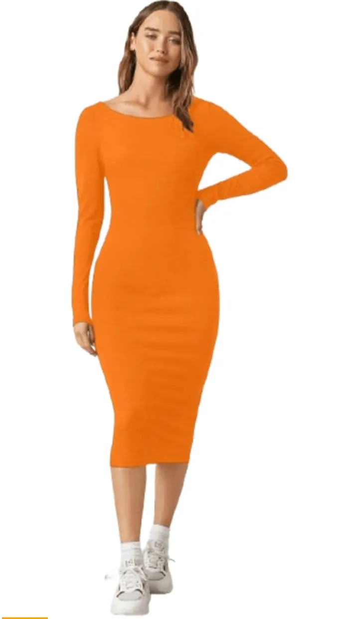 Solid Round Neck Solid Bodycon Midi Dress for Women's & Girl's