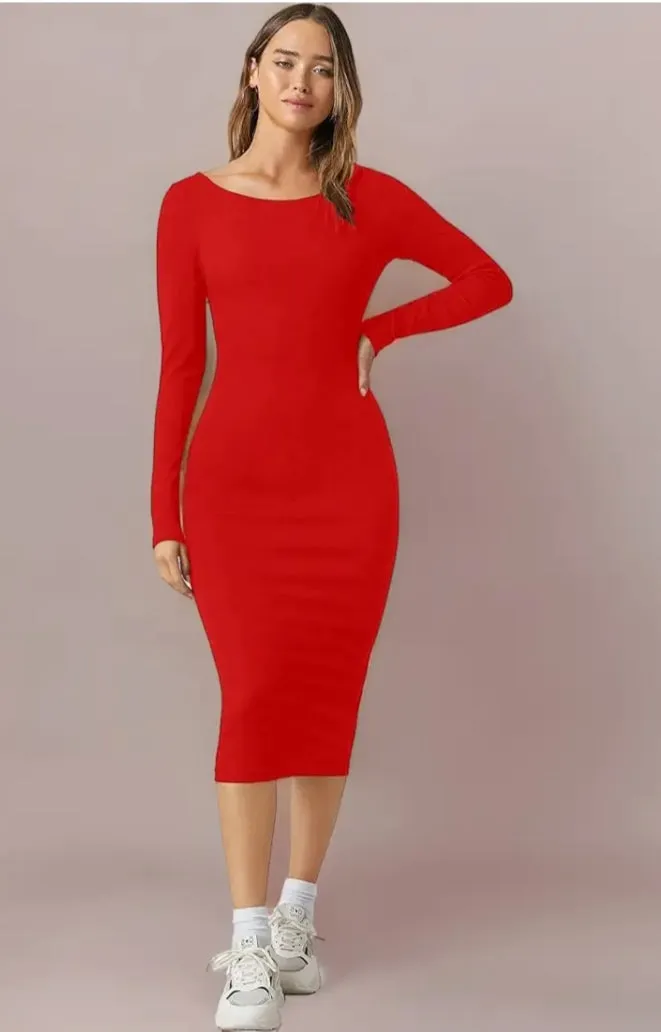 Solid Round Neck Solid Bodycon Midi Dress for Women's & Girl's