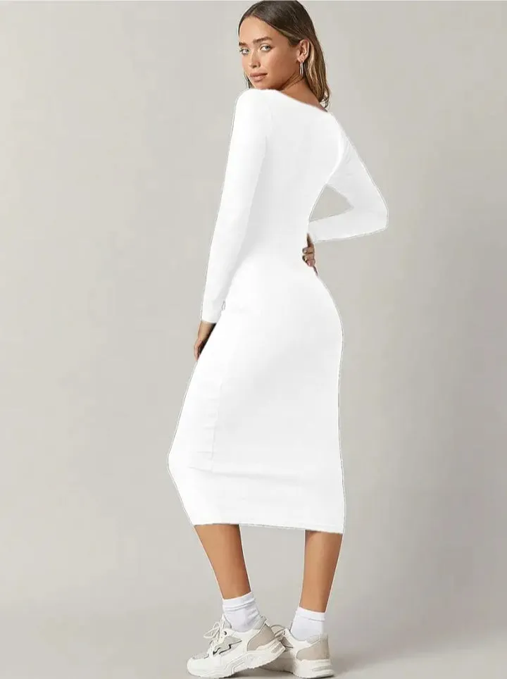 Solid Round Neck Solid Bodycon Midi Dress for Women's & Girl's
