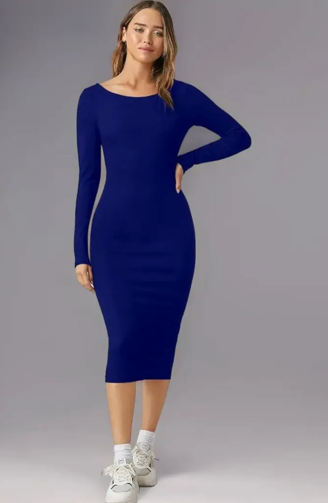Solid Round Neck Solid Bodycon Midi Dress for Women's & Girl's