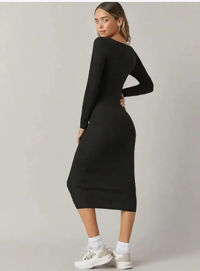 Solid Round Neck Solid Bodycon Midi Dress for Women's & Girl's