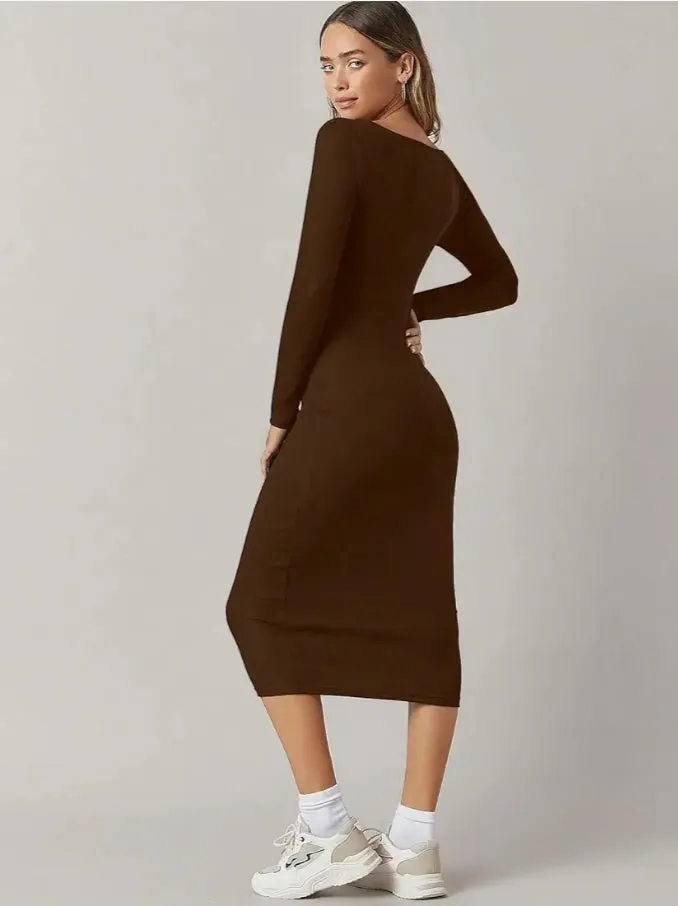 Solid Round Neck Solid Bodycon Midi Dress for Women's & Girl's