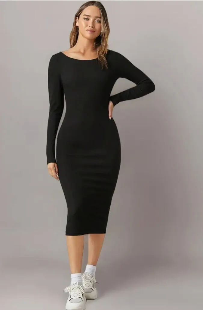 Solid Round Neck Solid Bodycon Midi Dress for Women's & Girl's
