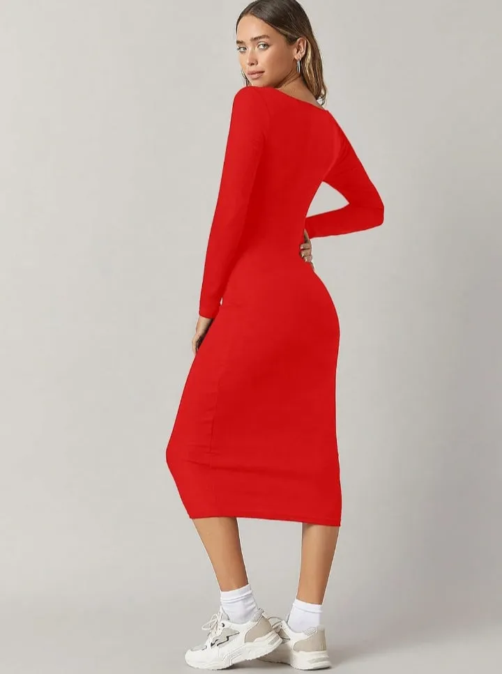 Solid Round Neck Solid Bodycon Midi Dress for Women's & Girl's