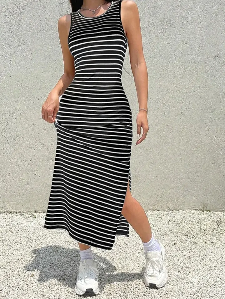 Solid Striped Backless Side Slit Dress Backless Dress for Women's & Girl's