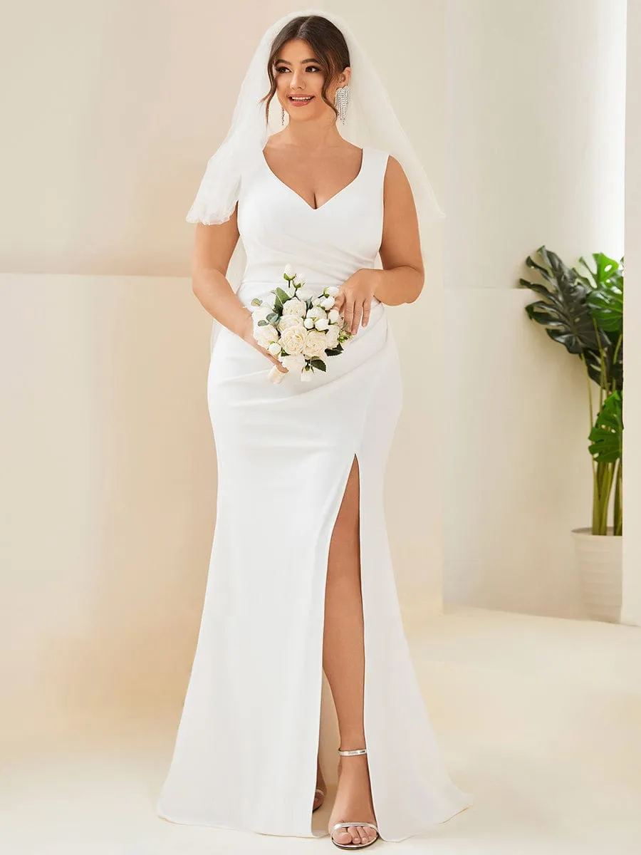 Taya | Plus Size Deep V-Neck Sleeveless High Slid Simple Wedding Dress