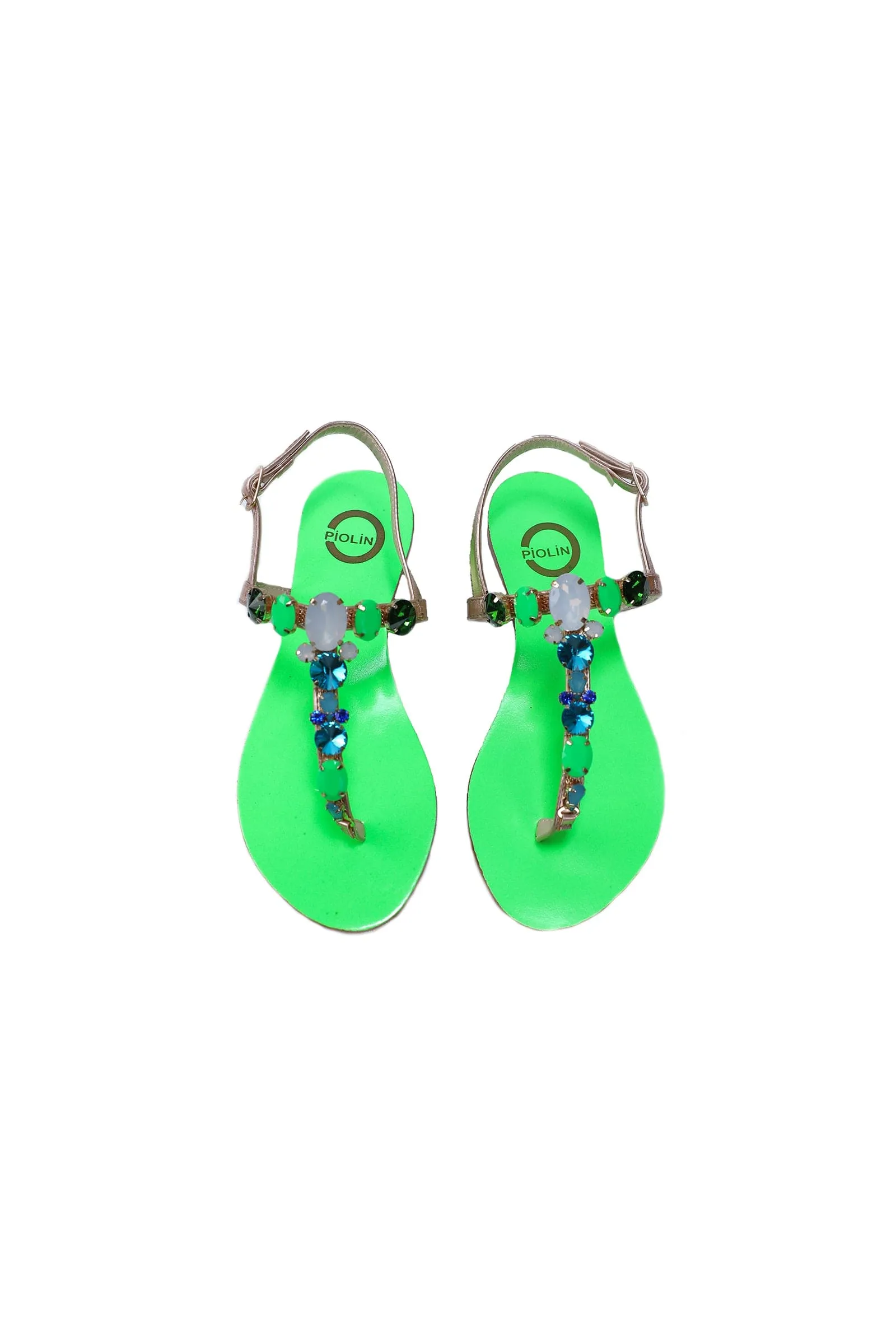 Ventutto Rio Bright Green Silver Crystal Cluster T-Strap Sandal