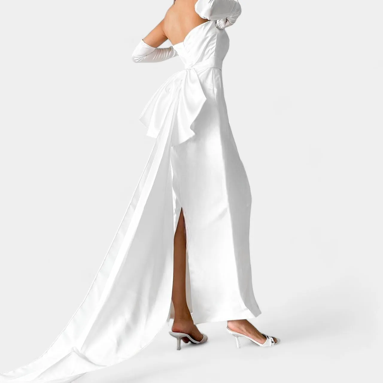 White Strapless Satin Midi Bodycon Slit Prom Wedding Dress With Bow Size M/L